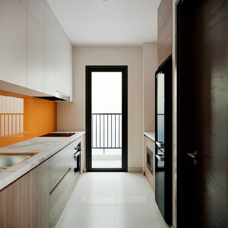 . Tủ bếp được thiết kế theo phong cách hiện đại, các ngăn tủ được bố trí hợp lí và đáp ứng đầy đủ các yêu cầu về công năng và tiện nghi cho gia chủ trong quá trình nấu nướng.